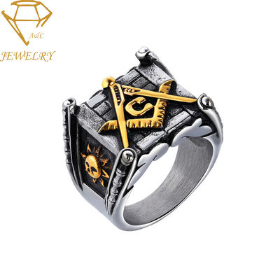 Men Freemasonry PVD Antique Silver Signet Ring